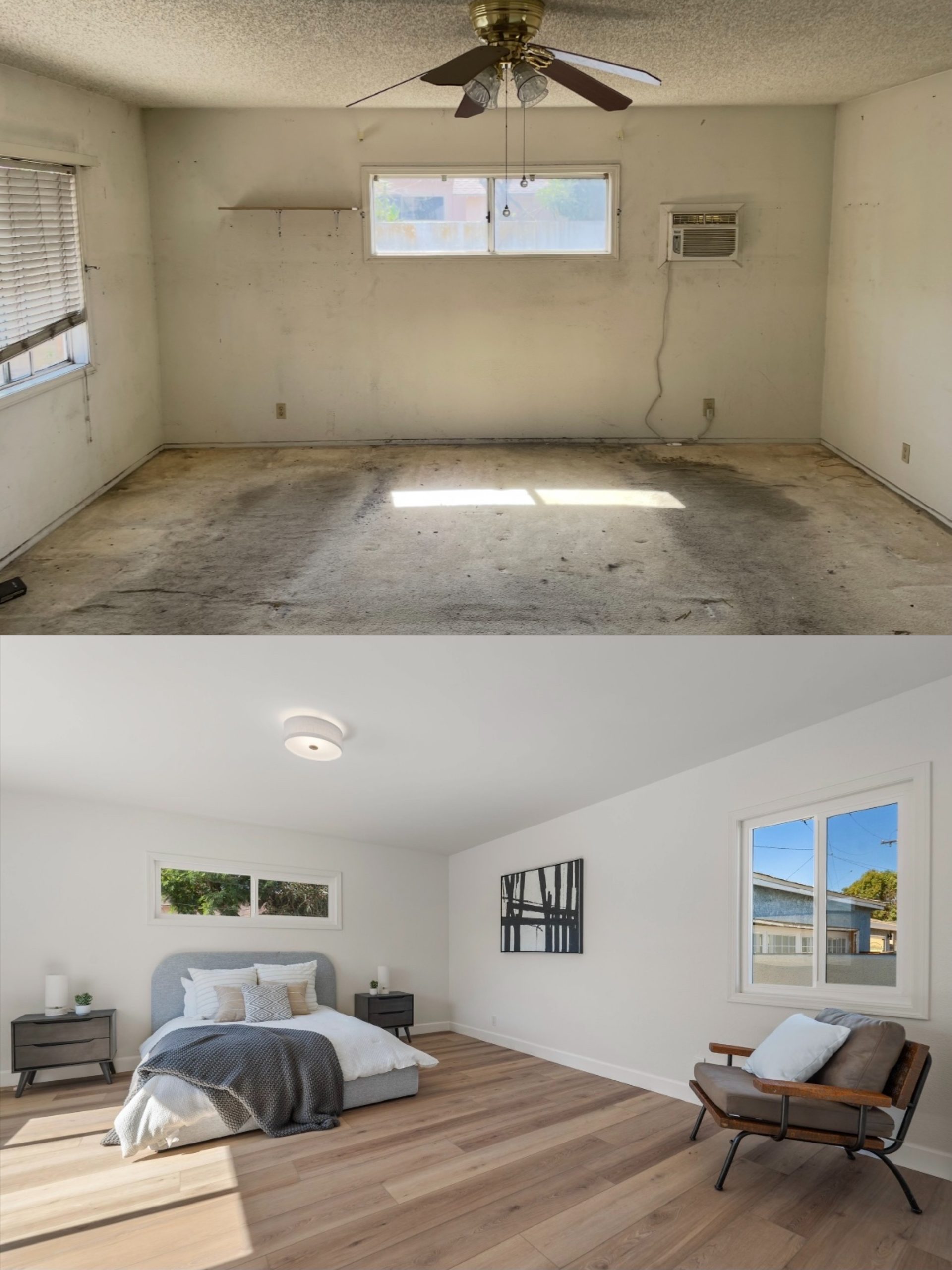 Bedroom renovation before and after in a Long Beach house flipped for profit by Premier Property Buyers