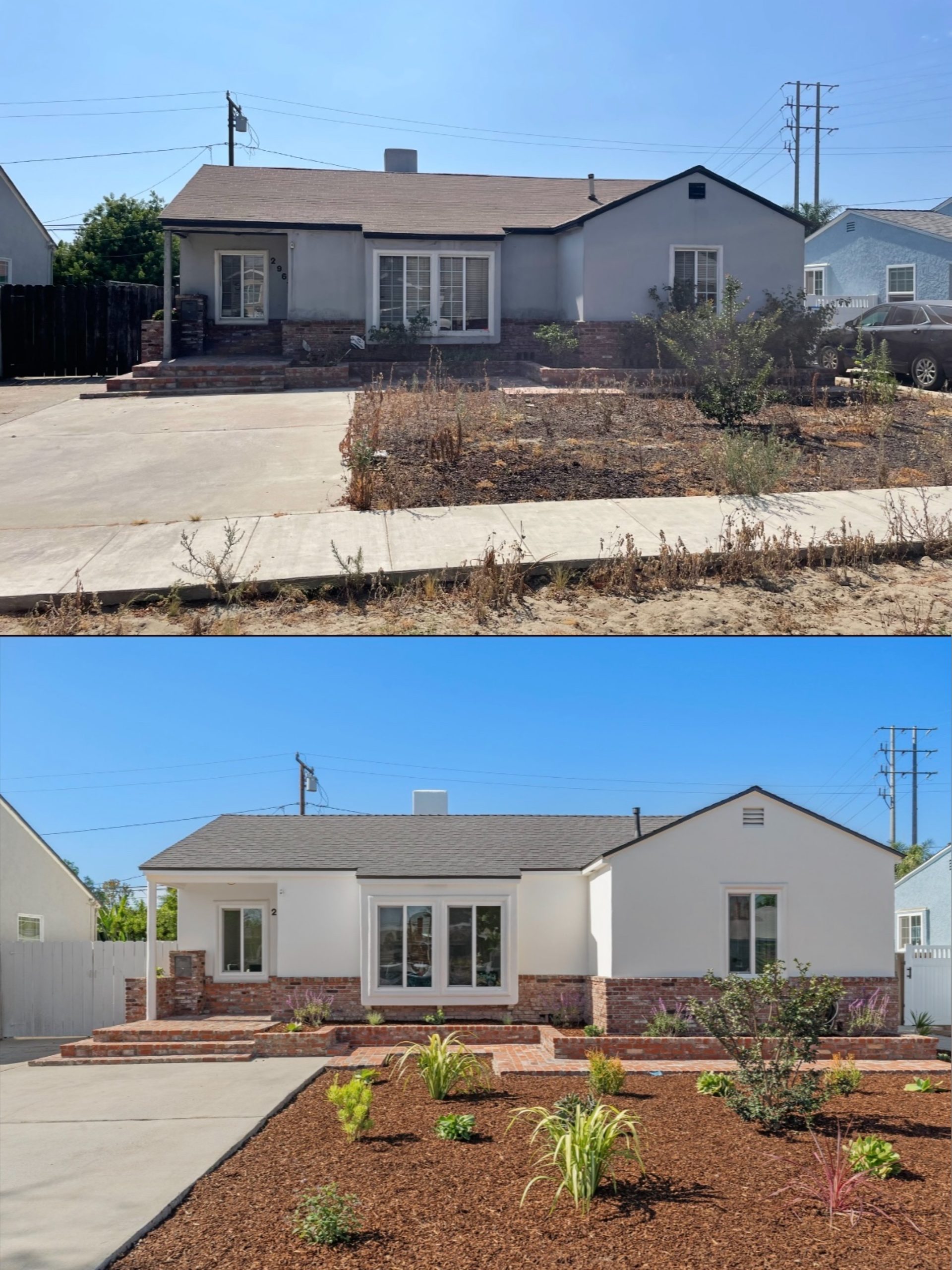 Exterior before and after of a successful house flip in Long Beach, CA by Premier Property Buyers