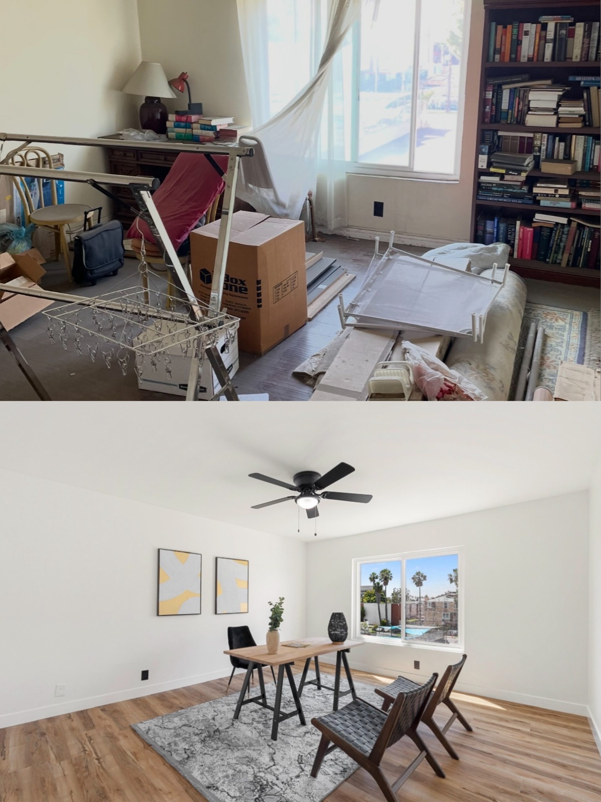 Bonus room or office before and after renovation in Long Beach property bought for cash: cluttered desk area to minimalist modern workspace