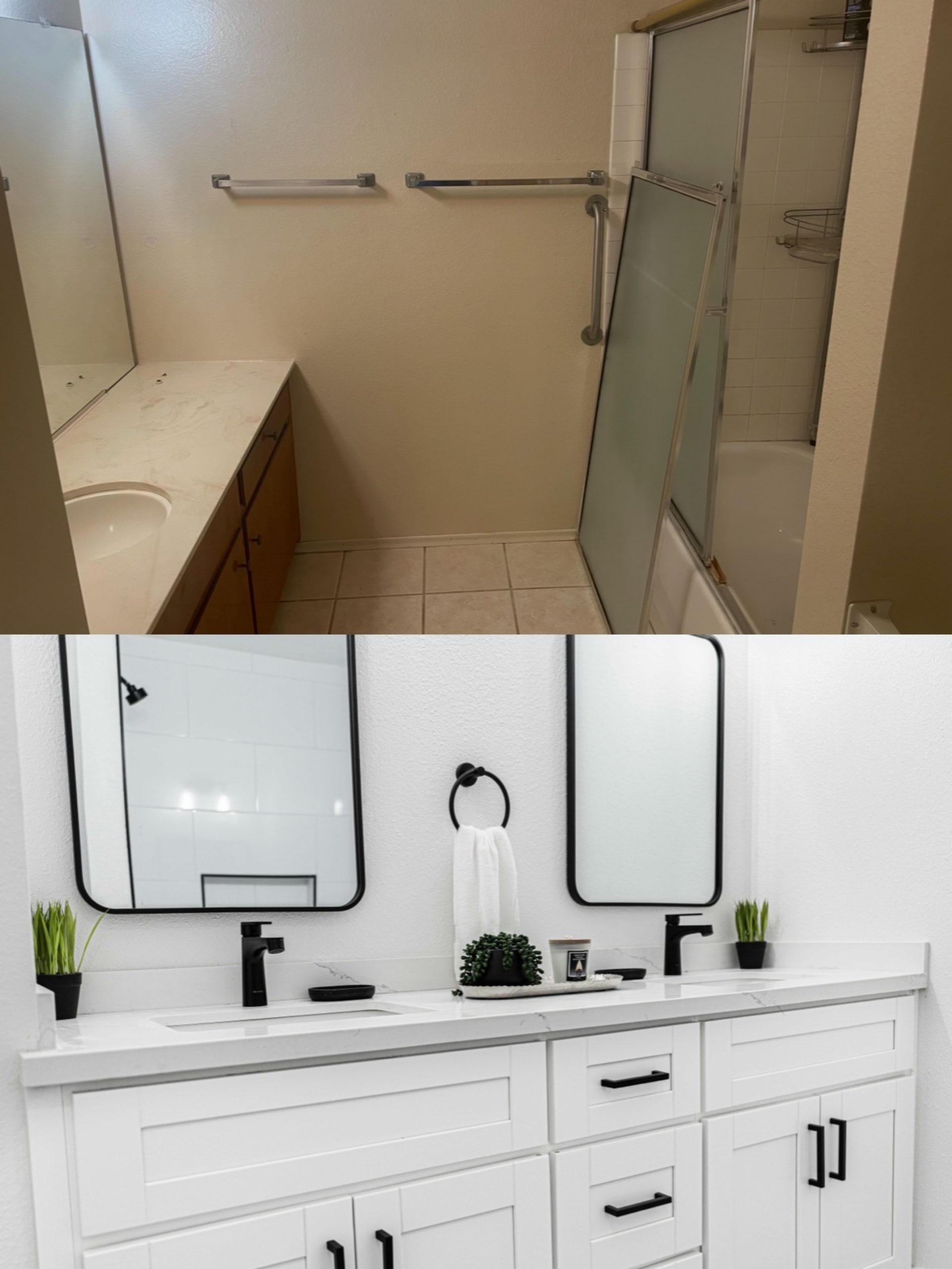Double vanity bathroom remodel before and after in San Diego home bought as-is for cash: outdated single sink to modern black fixtures by Premier Property Buyers