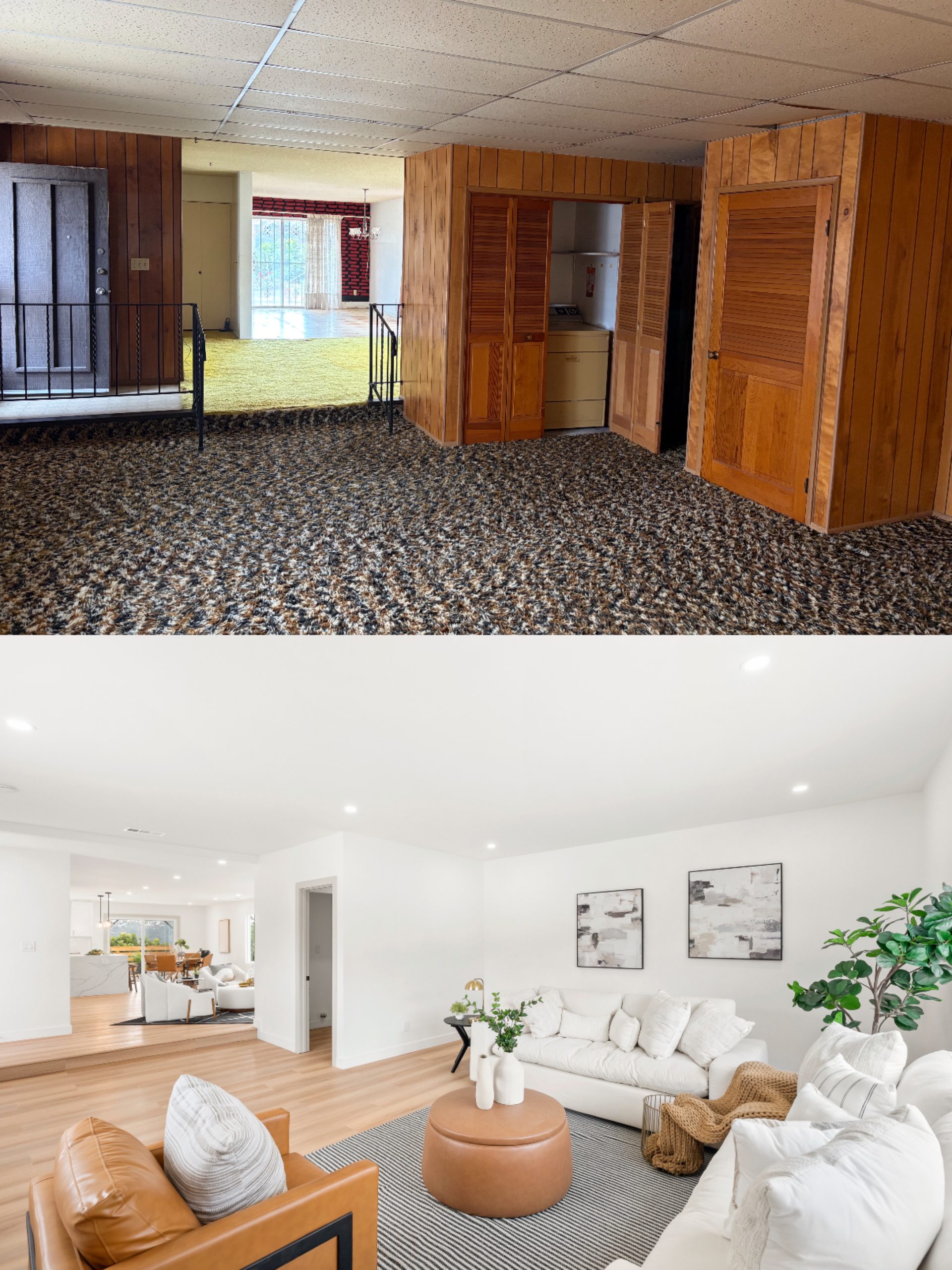 Living and dining area with brick accent before and after open concept renovation in San Diego cash purchase