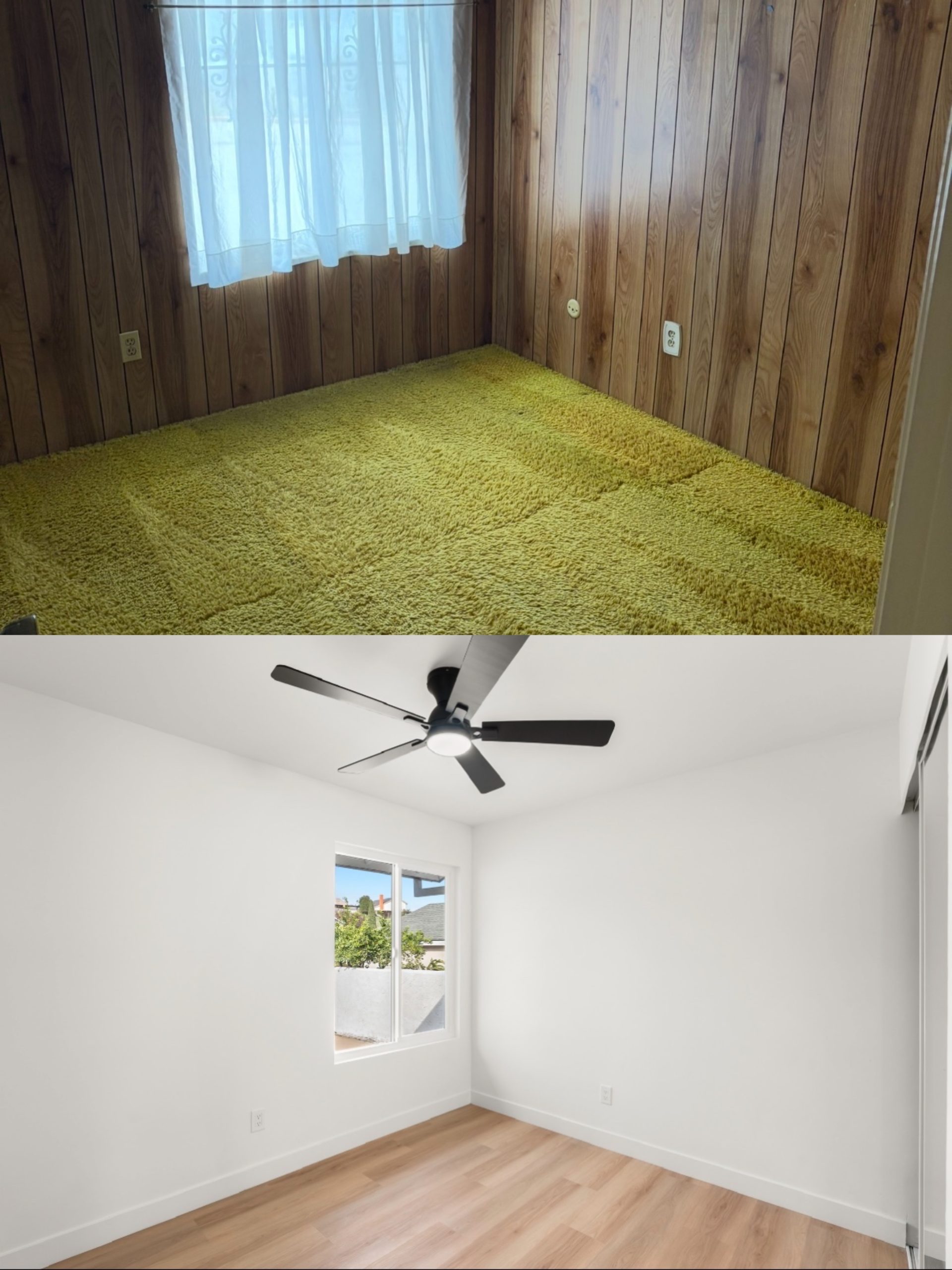 Master bedroom before and after transformation in San Diego cash home buyer renovation by Premier Property Buyers